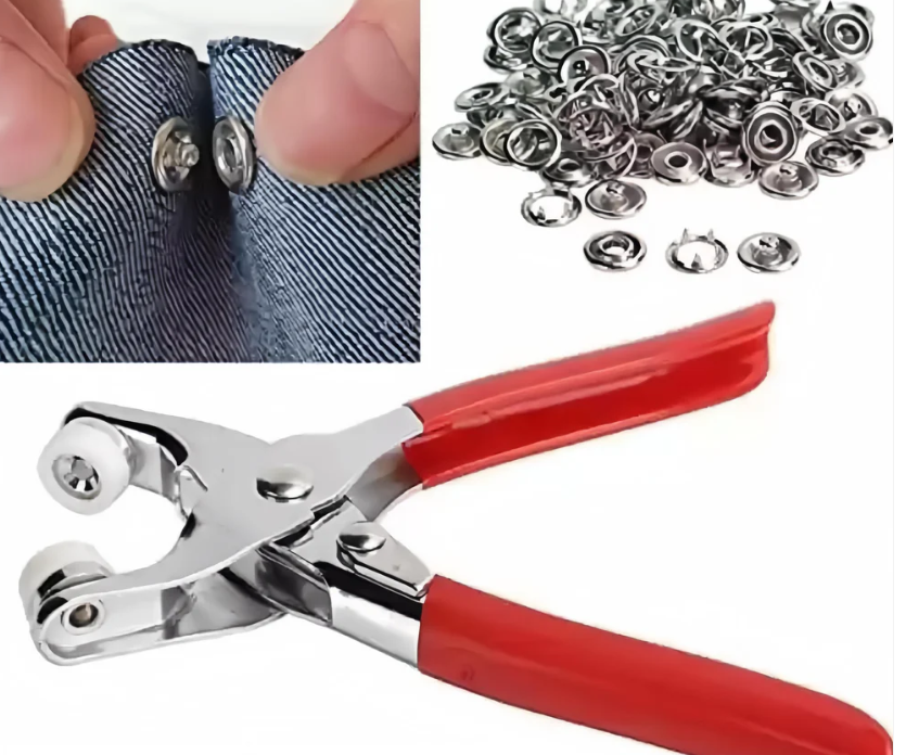 DIY button press plier in use on shirt fabric with snap buttons