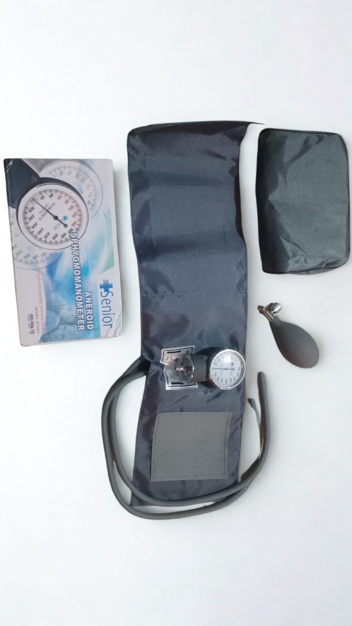 Manual blood pressure cuff with aneroid gauge and inflation bulb for accurate readings