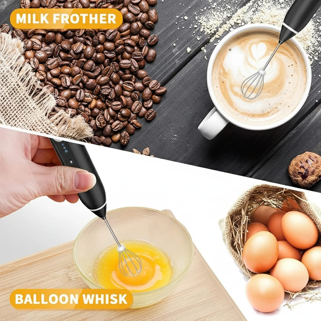 Collage of a milk frother whisking coffee, eggs, and a cup of cappuccino with coffee beans and a basket of eggs.